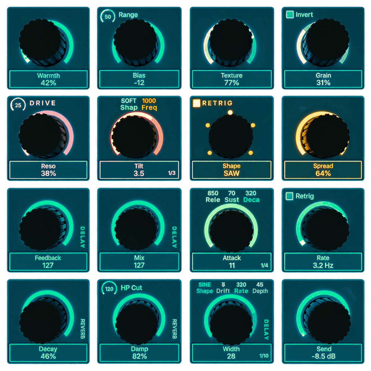 Sixteen knobs on the display, each with its own label